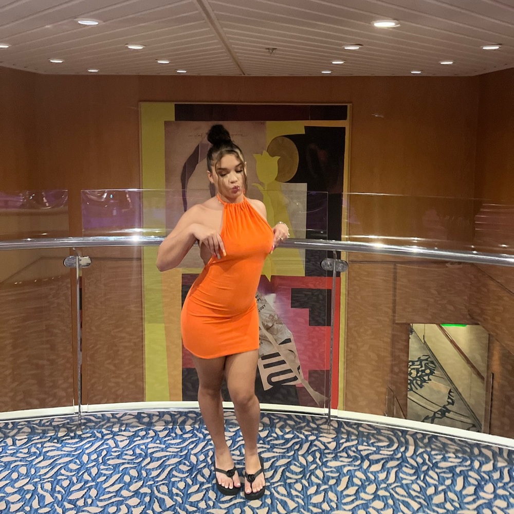 Halter neck orange mini dress